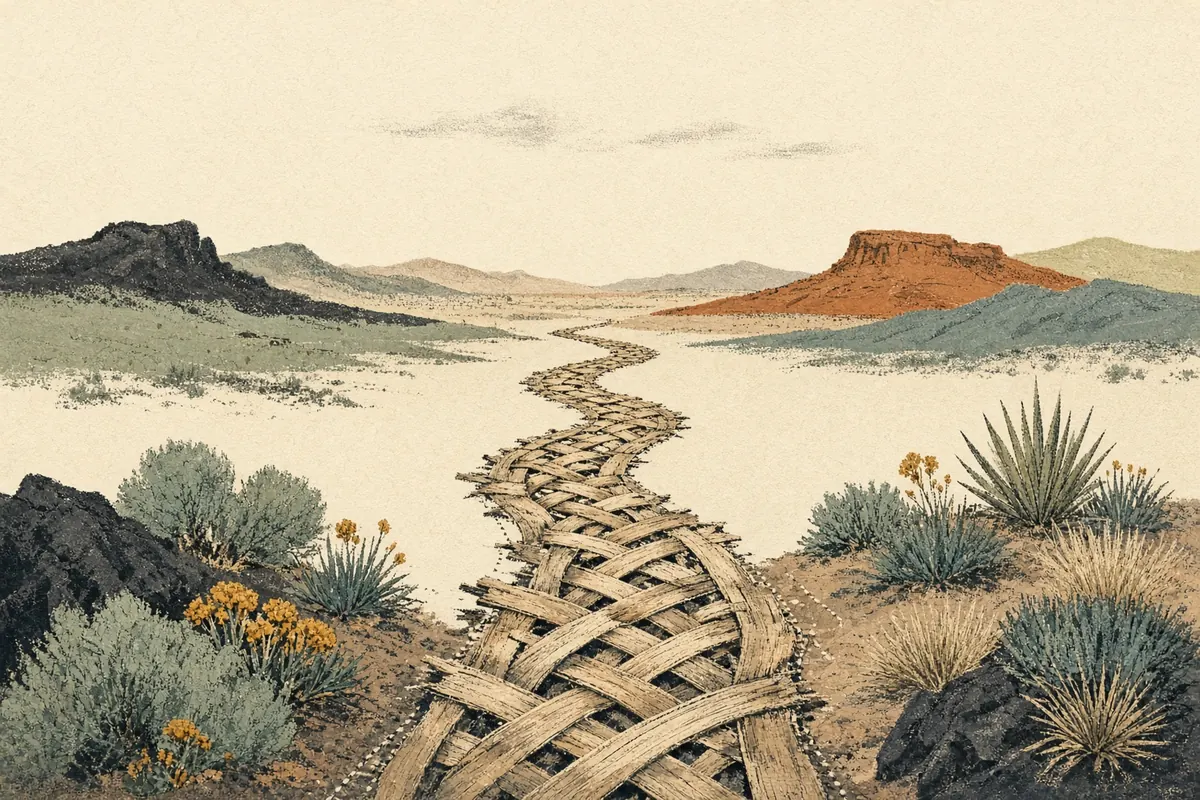 An uneven woven path opens through a spacious high-desert material field.