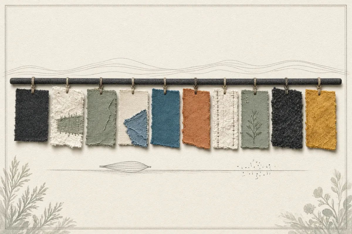 Ten distinct material swatches rest along one calm loom rail.