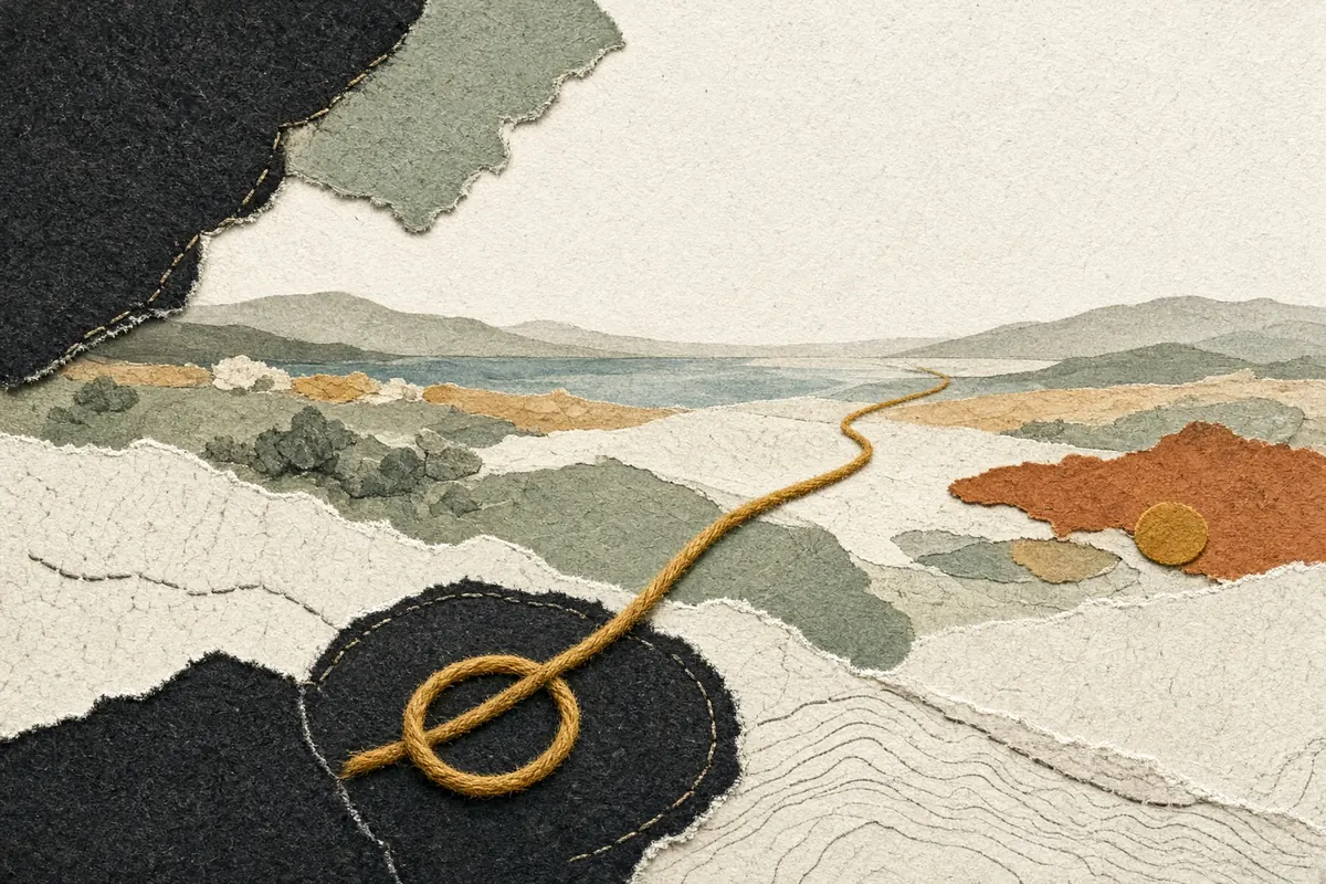 One soft thread continues toward an open abstract horizon.