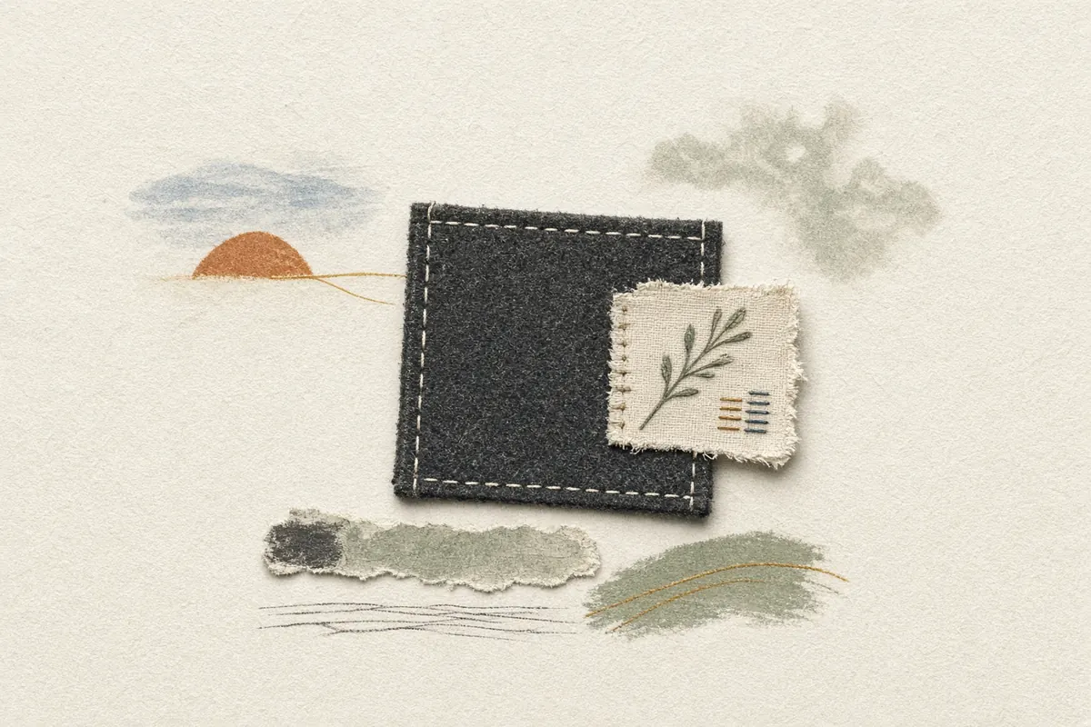 A quiet maker label is attached to one bounded textile folio.